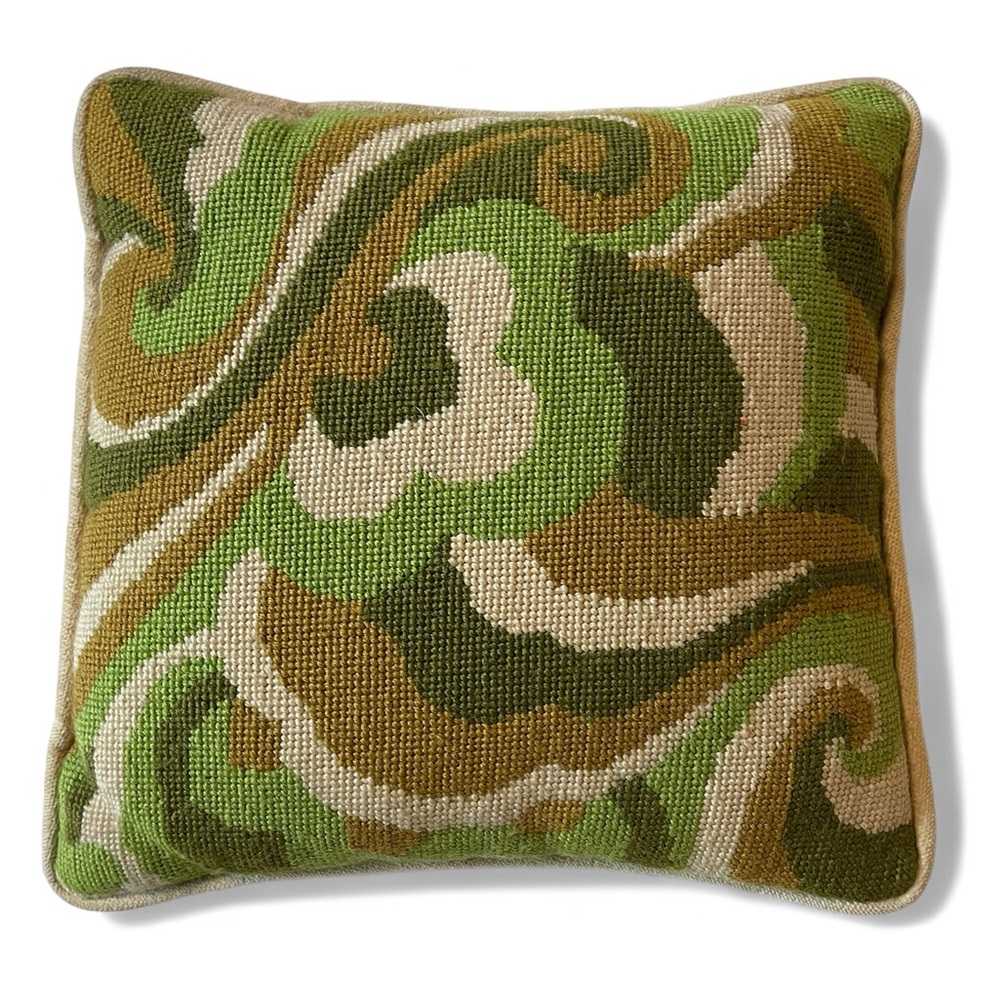 Vintage 70s Green Needlework Throw Pillow